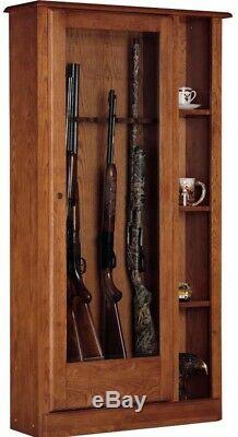 Gun Cabinet Rack Medium Safe Size Hidden Storage Key Lock Wood Brown Finish