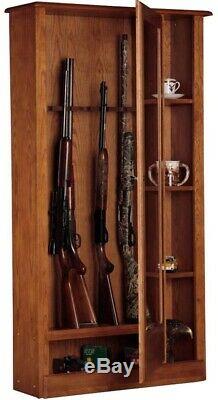 Gun Cabinet Rack Medium Safe Size Hidden Storage Key Lock Wood Brown Finish